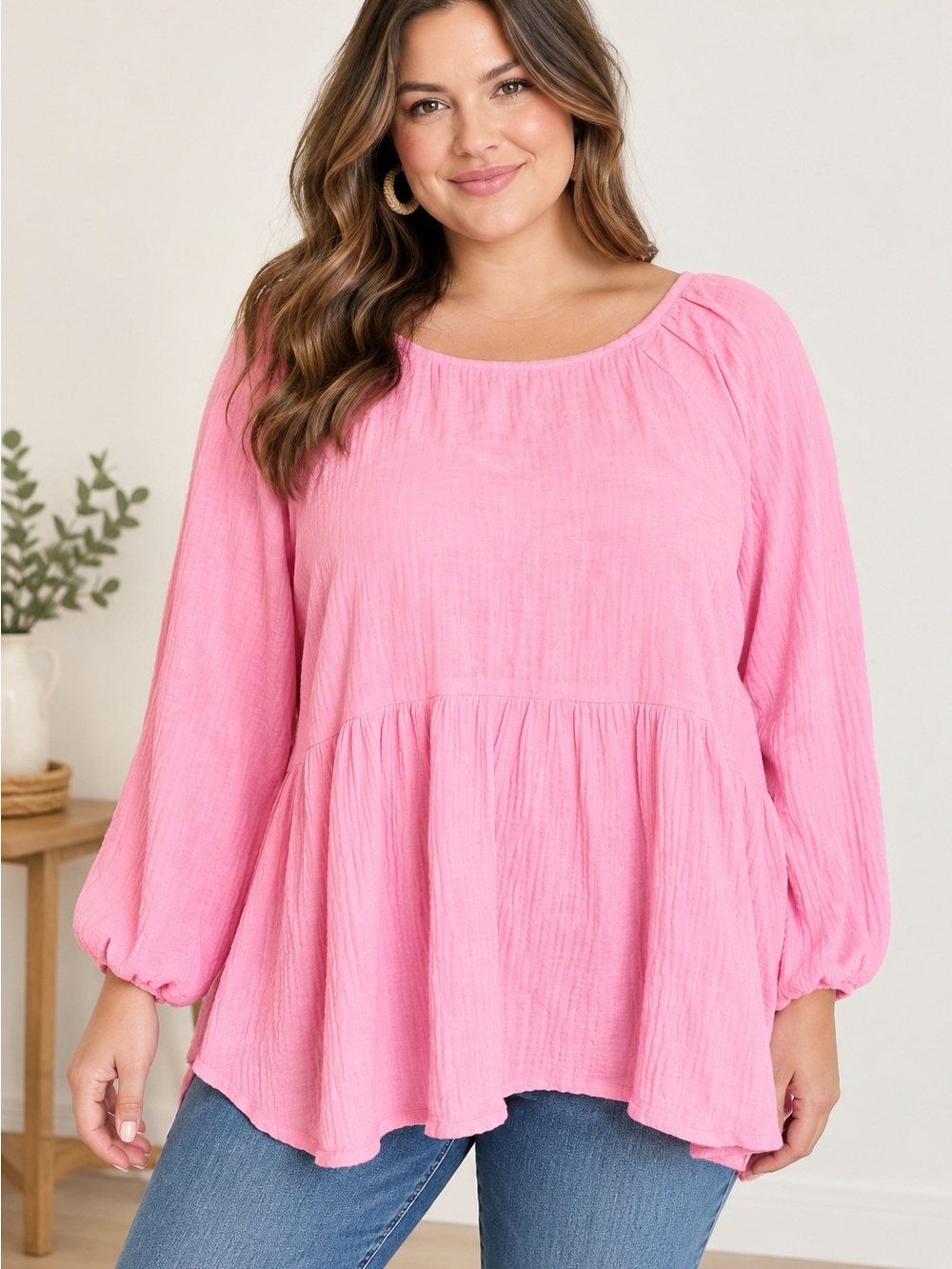 Women's Pink Peplum Long-Sleeve Cotton Top